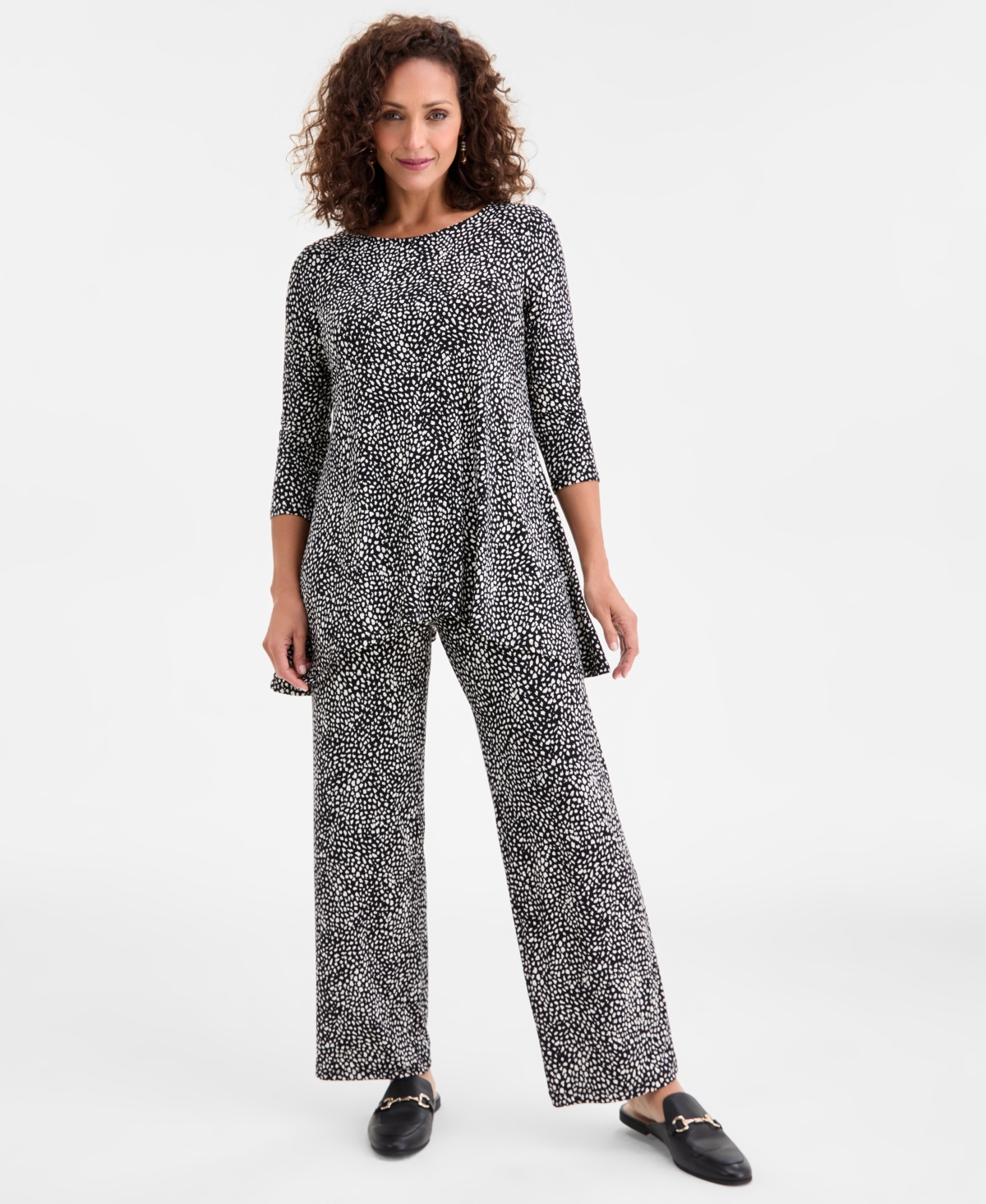 Jm Collection Women's Printed 3/4-sleeve Swing Knit Top, Macy's Exclusive In Black