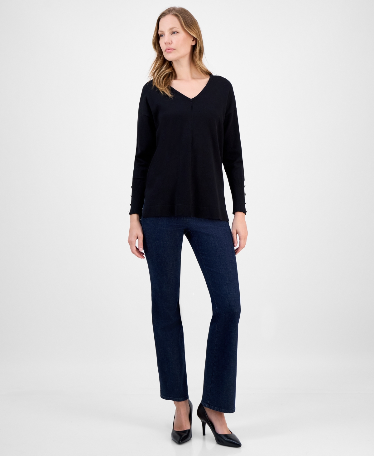 Ak Anne Klein Women's Button-Cuff V-Neck Top