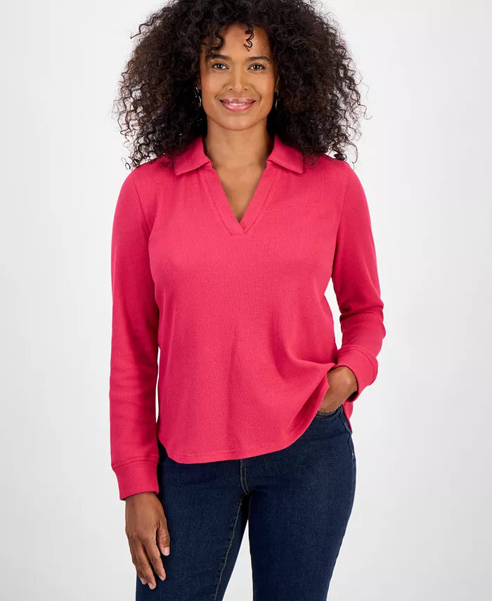 Women's Waffle-Knit Long-Sleeve Polo Top