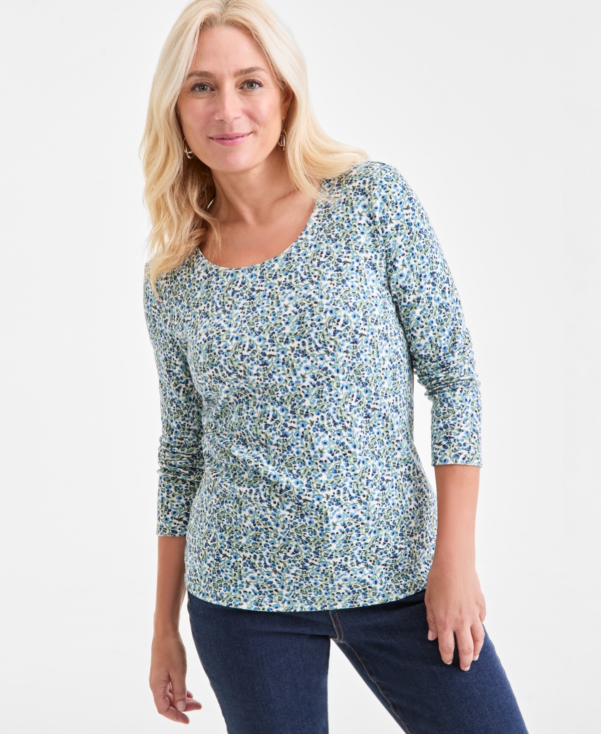 Style & Co Plus Size Printed Long-sleeve Top, Macy's Exclusive In Blue