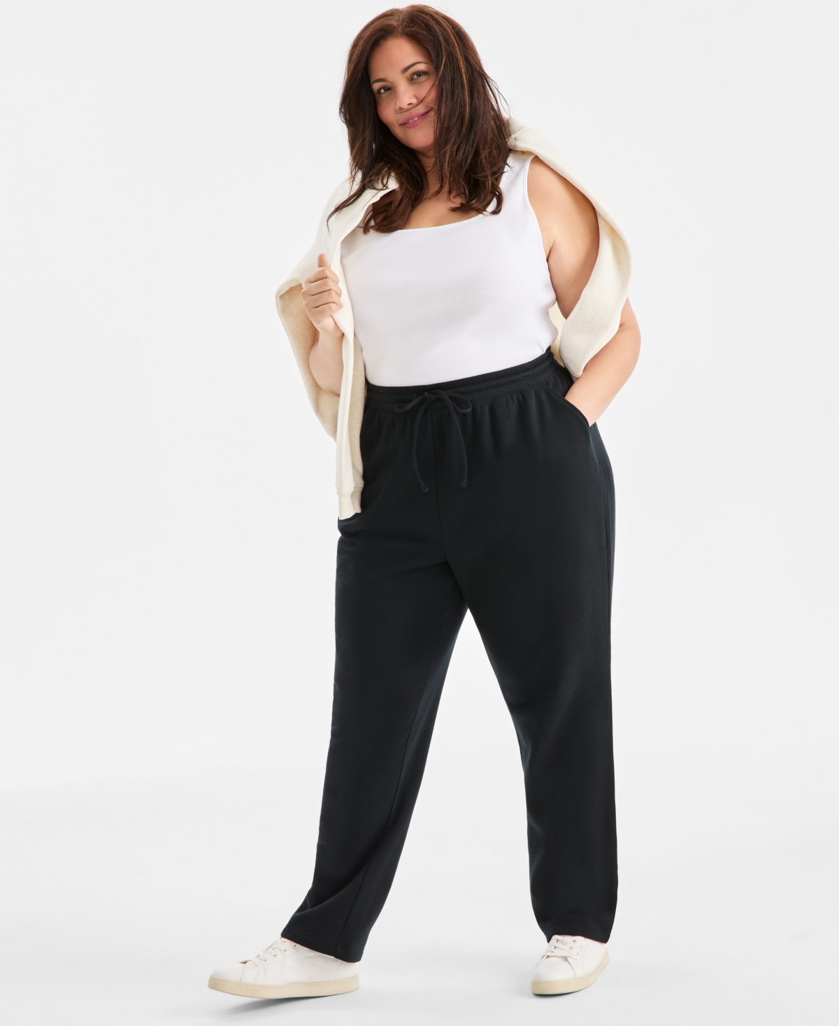 Style & Co Women's Plus Size Mid Rise Drawstring-Waist Fleece Pant, Exclusively at Macy's - Deep Black