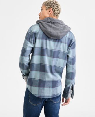 Men's Irving Layered-Look Hooded Cotton Flannel Plaid Shirt, Macy's Exclusive