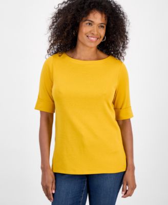 Women's Boat-Neck Elbow Sleeve Cotton Top, PXS-4X, Exclusively at Macy's