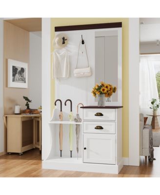 White multifunctional hall tree with mirror and hooks