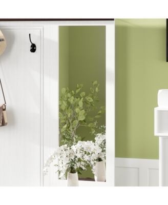 White multifunctional hall tree with mirror and hooks