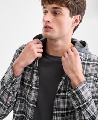 Men's Russel Layered-Look Hooded Cotton Flannel Plaid Shirt, Macy's Exclusive