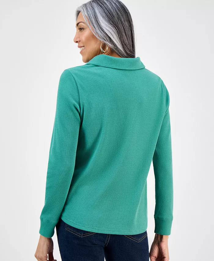Women's Waffle-Knit Long-Sleeve Polo Top - thumbnail 10
