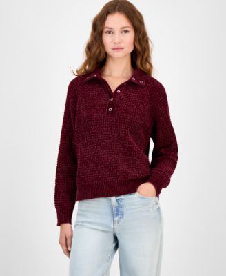 Juniors' Snap-Front Chenille Long-Sleeve Sweater 
