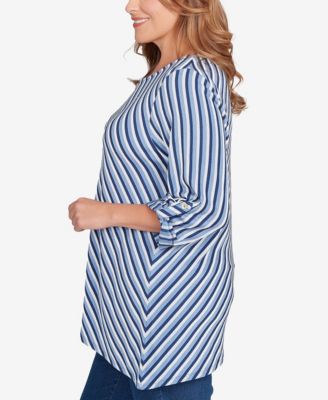 Plus Size Textured Stripe Roll Tab Sleeve Top