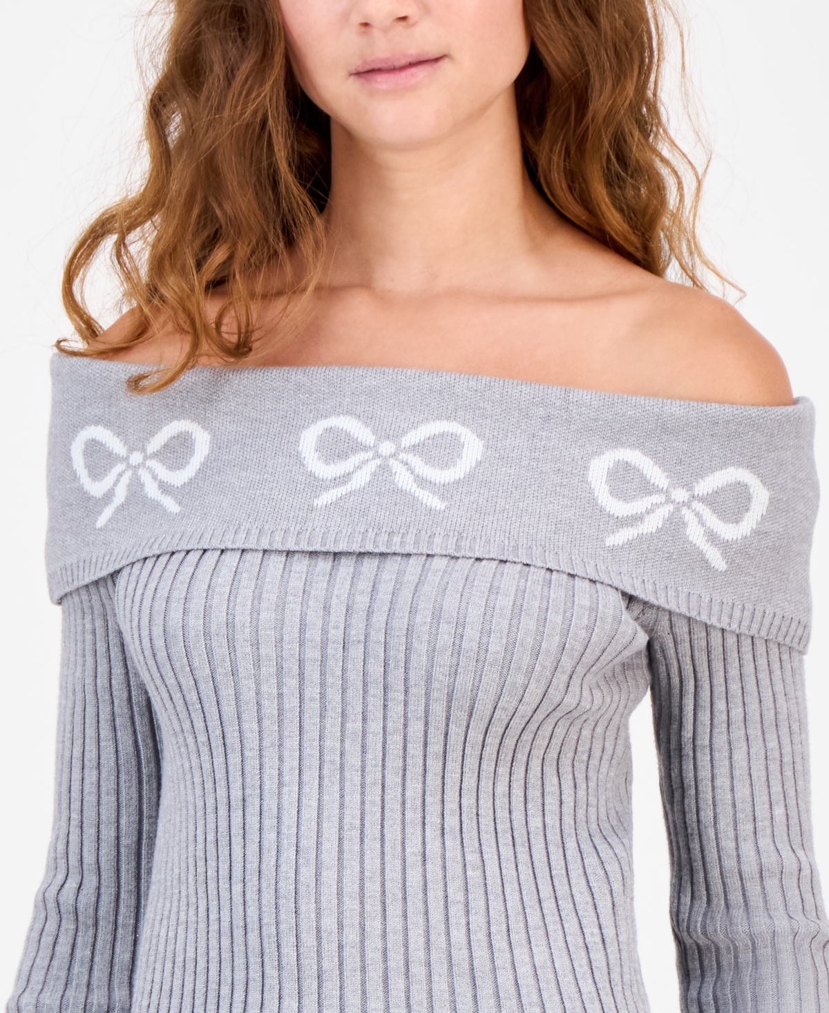 Madden Girl Juniors' Jacquard-bow Off-the-shoulder Sweater In Gray