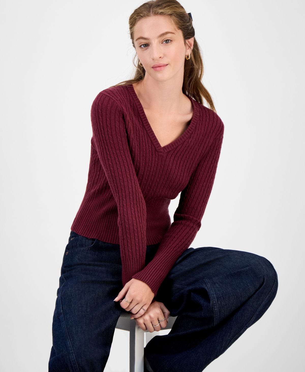 Hooked Up By Iot Juniors' Cable-knit V-neck Sweater In Burgundy