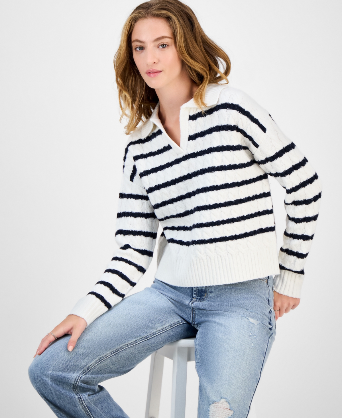 Hooked Up By Iot Juniors' Striped Cable-knit Collar Sweater In White