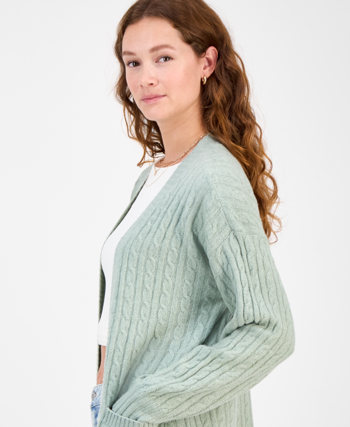 Hippie Rose Juniors' Open-front Long-sleeve Midi Cardigan In Green
