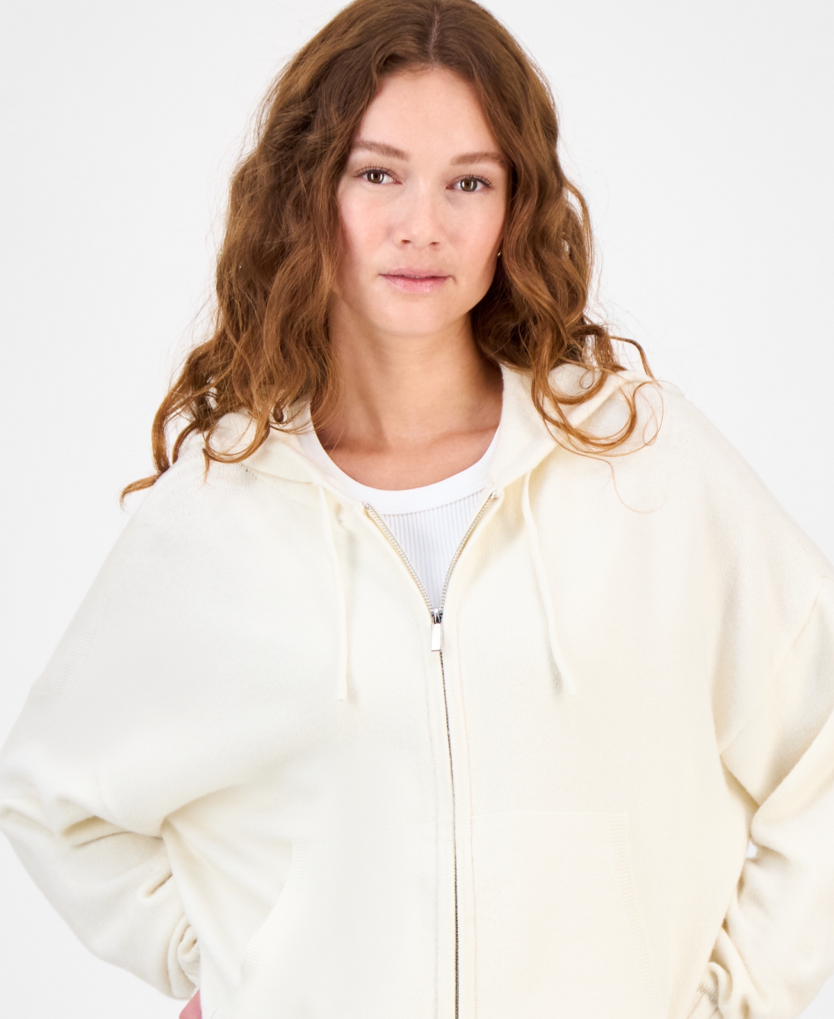 Hippie Rose Juniors' Mossy Zip-up Sweater Hoodie In Neutral