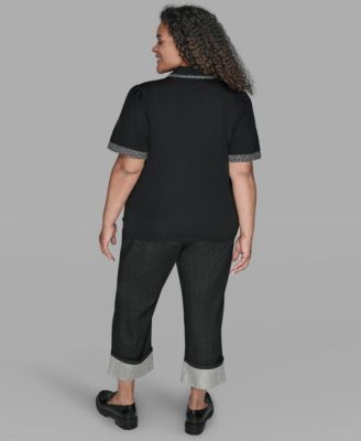 Plus Size Short Sleeve Tweed Trim Knit Top