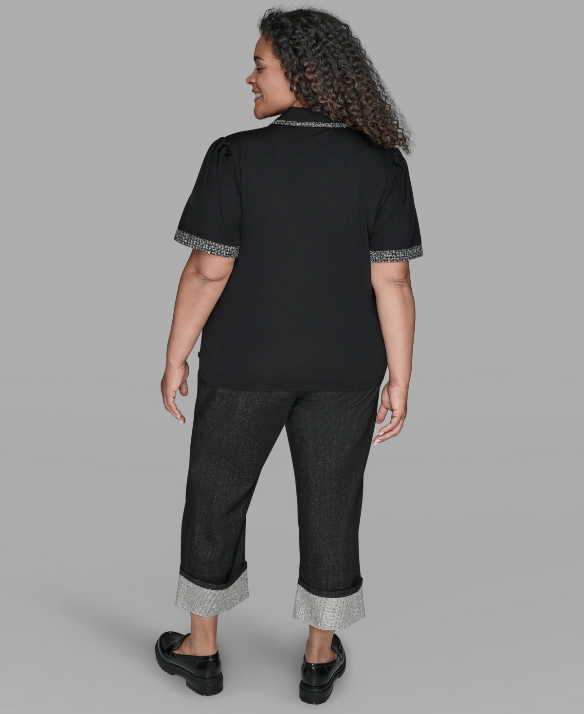 Karl Lagerfeld Karl Lagerfield Paris Plus Size Short Sleeves Tweed Trim Knit Top In Black