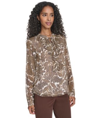 Women's Paisley Ruffle Long Sleeve Blouse