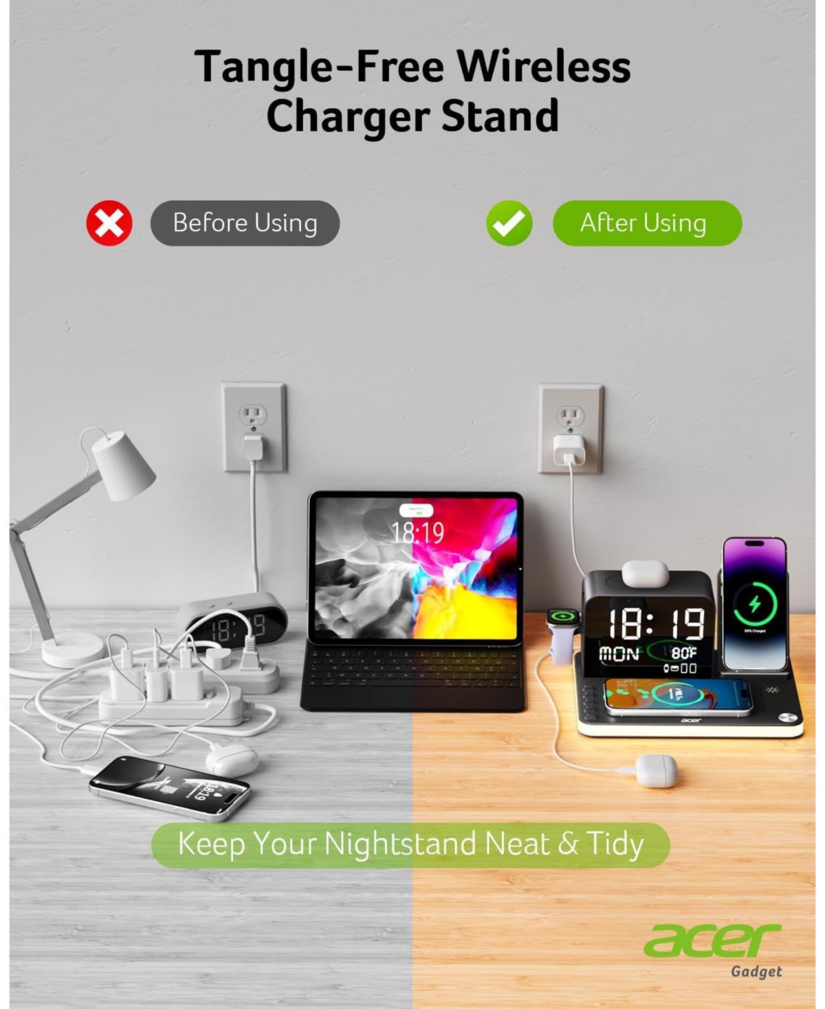 Acer 7-in-1 Wireless Charging Station for Apple Devices - Charger Stand for iPhone 16/15/14/13/12 Pro Max, Apple Watch, AirPods, and More
