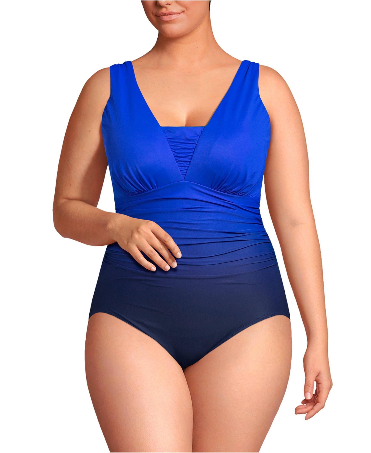 Women's Long Slender Grecian Tummy Control Chlorine Resistant One Piece Swimsuit - Electric blue/navy ombre