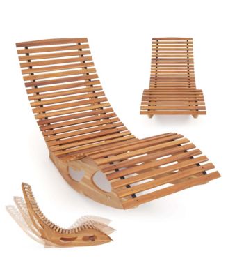 Outdoor Chaise Lounge with High Back Slatted Seat Stopper Outside Wood Rocker