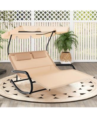 Outdoor 2-Person Double Rocking Chaise Lounge w/ Canopy & Wheels Metal Frame
