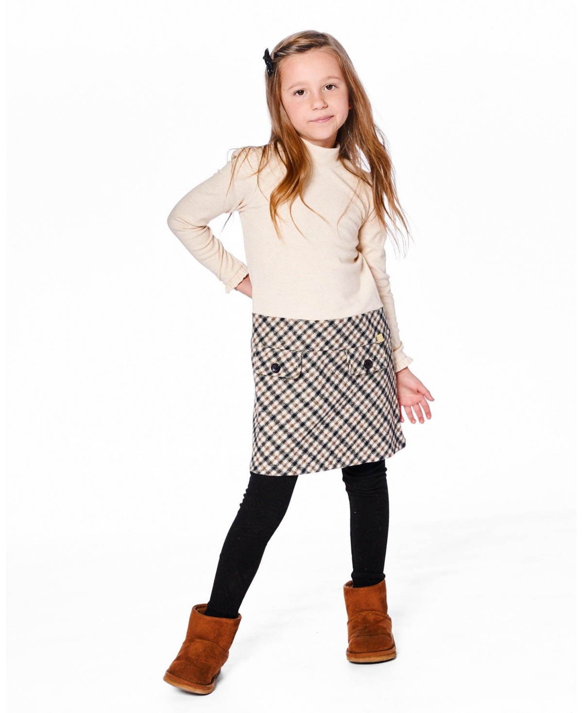 Deux par Girl Long Sleeve Bi-Material Mock Neck Dress Beige and Plaid