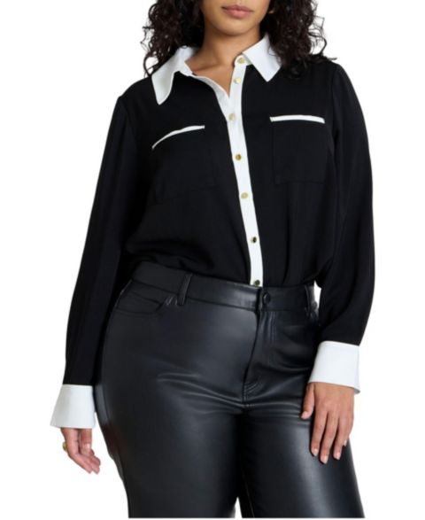 Женская рубашка ELOQUII Plus Size Combo Collared Long Sleeve, цвет: Чёрный кремовый