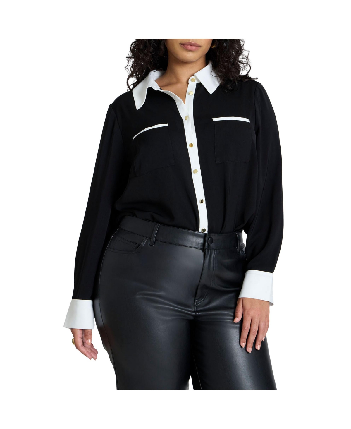 Women's Combo Collared Long Sleeve Shirt - Black and cream