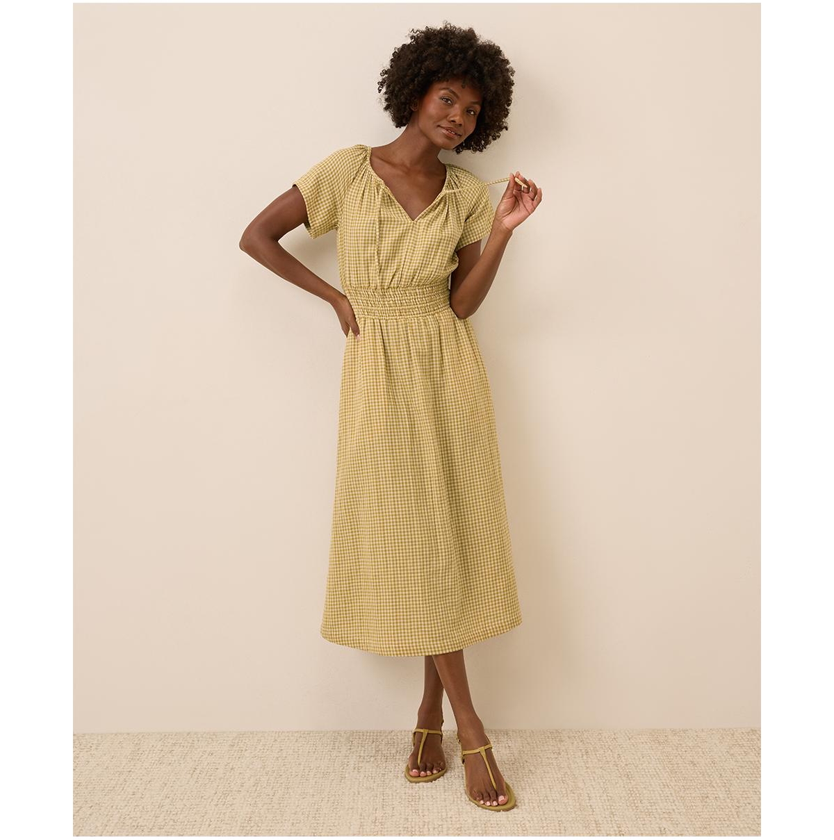 Women's Organic Cotton Coastal Double Gauze Boho Midi Dress - Gold gingham