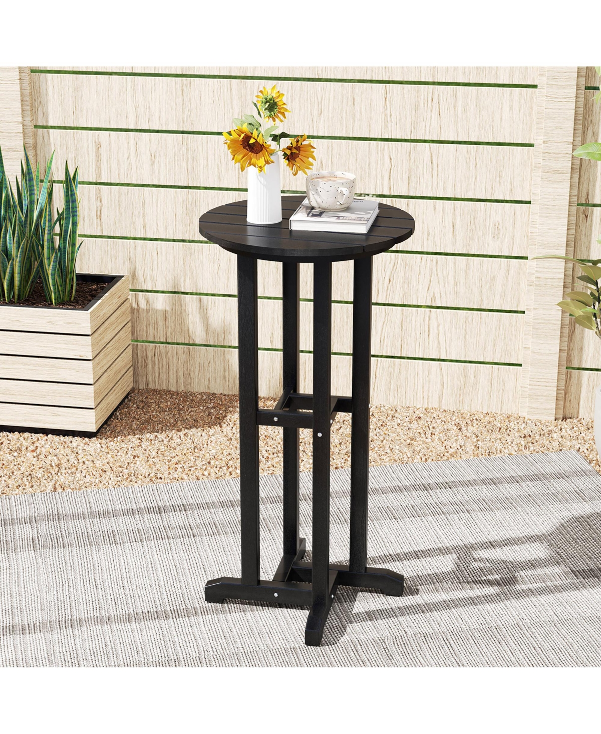 Gymax 21.5'' Round Bar Table Patio Hdpe Height Dining w/ Slatted Tabletop