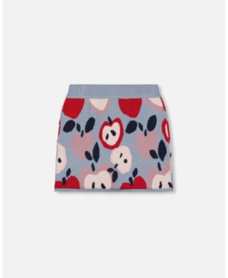 Girl Knit Skirt Blue and Red with Apple Heart Jacquard - Toddler|Child