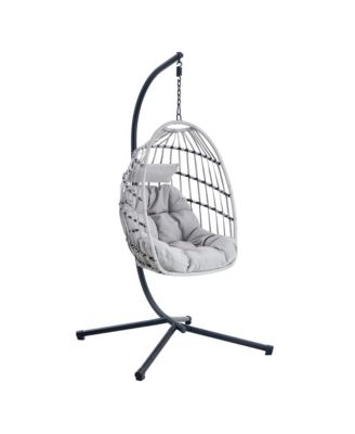 Duty Iron Hanging Chair with Wicker Weave – Single Person Swing for Indoor/Outdoor (Gray)