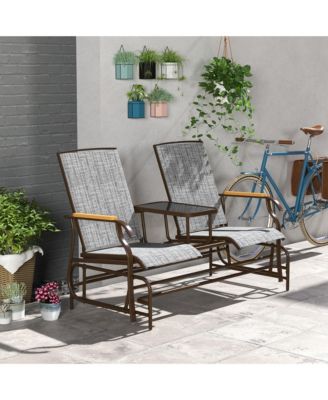 2 Person Outdoor Glider Bench, Patio Swing Glider Chair Loveseat with Breathable Mesh, Table, Steel Frame for Garden, Backyard, Porch, Gray
