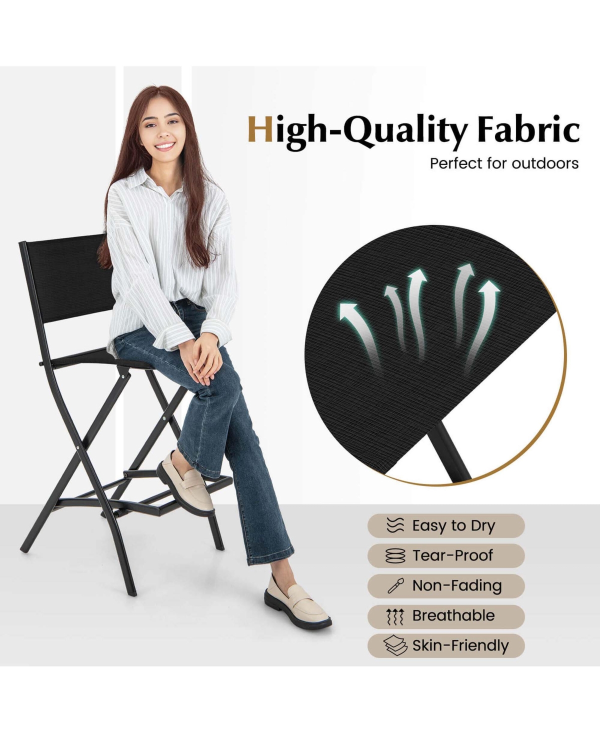 Costway Set of 2 Outdoor Bar Chair Folding Bar Height Stool with Metal Frame