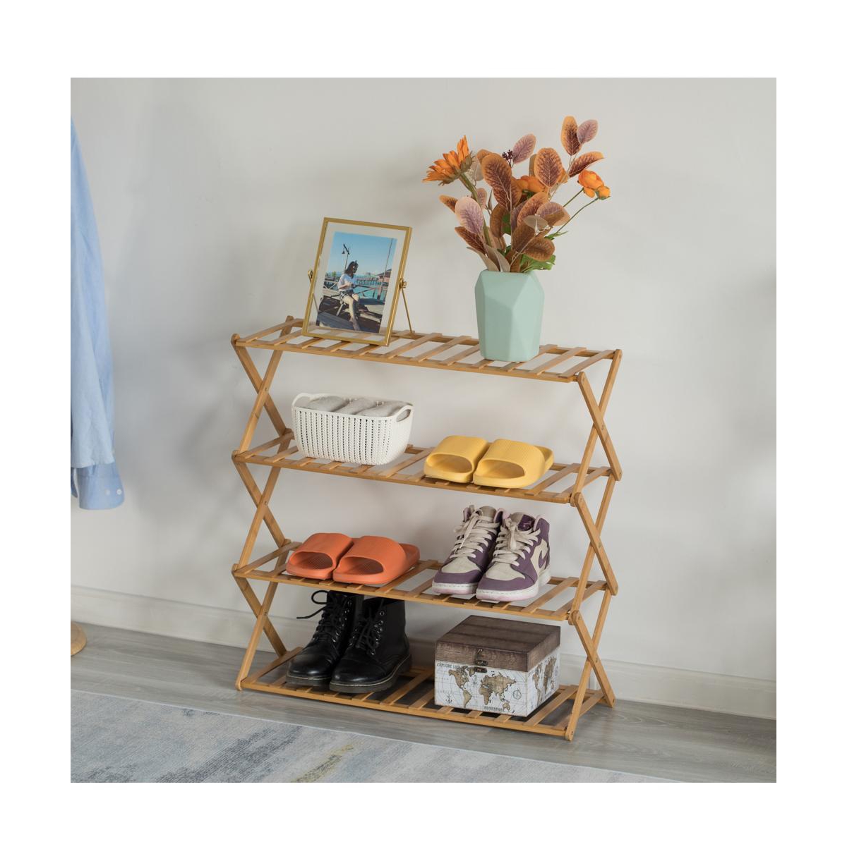Basicwise Bamboo Foldable Shoe Rack, Free Standing Shoe Organizer Storage Rack
