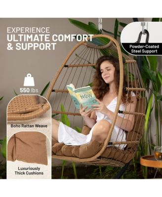 Foldable Egg Chair - Rattan Wicker Hanging Egg Swing Chair with Stand, Waterproof Seat Cushion,, and Headrest for Patio, Bedroom, Porch, and Garden (Brown)