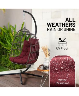 Foldable Egg Chair - Rattan Wicker Hanging Egg Swing Chair with Stand, Waterproof Seat Cushion,, and Headrest for Patio, Bedroom, Porch, and Garden (Red)