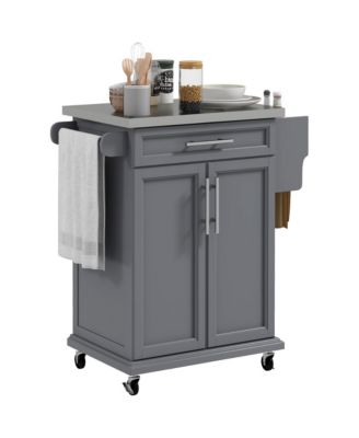 Gray Kitchen Island Cart: Drawer, Stainless Top, Utility Storage