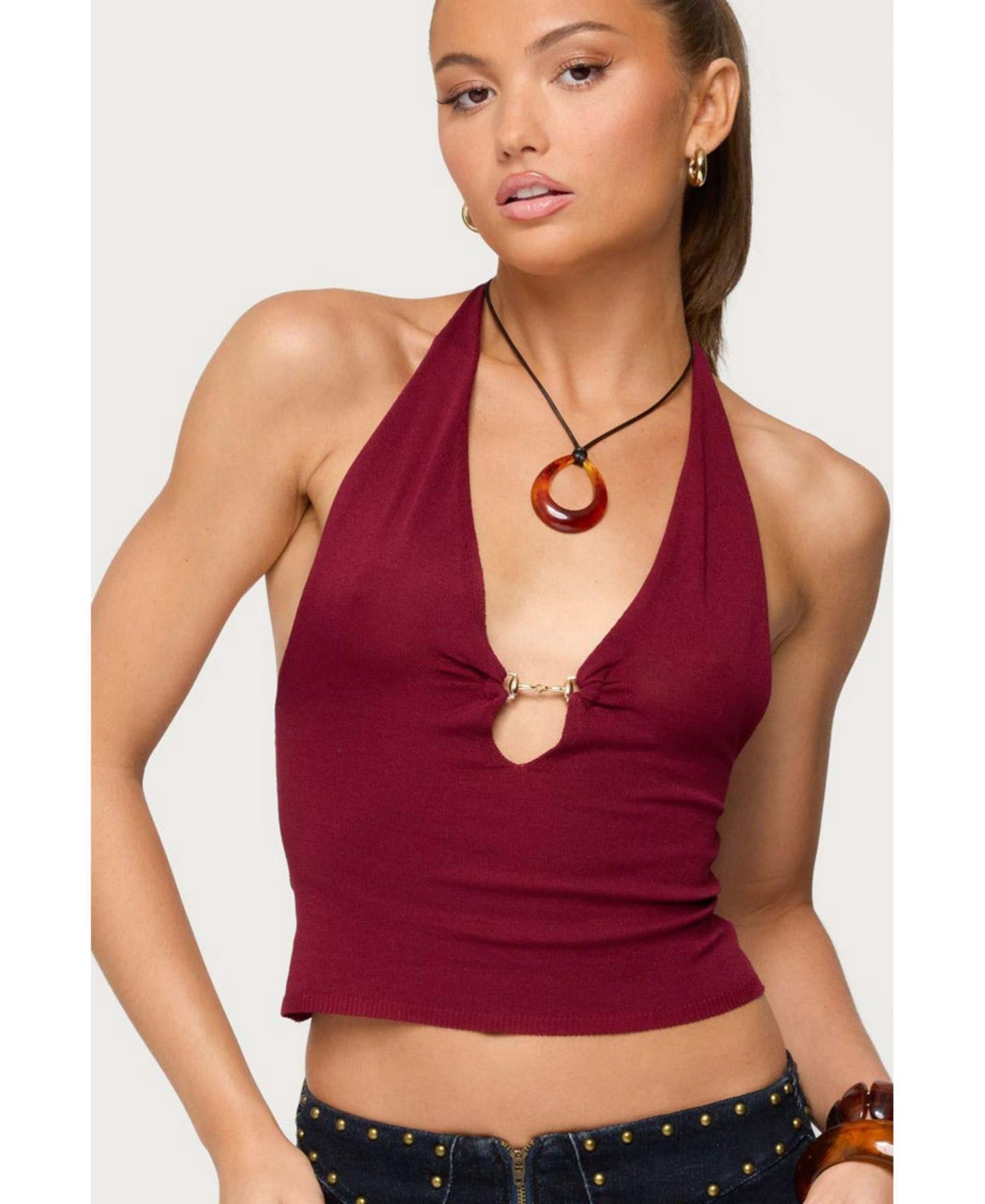 Женский топ Edikted Missie Knitted Plunge Neck Halter, цвет: Бордовый — фото 1