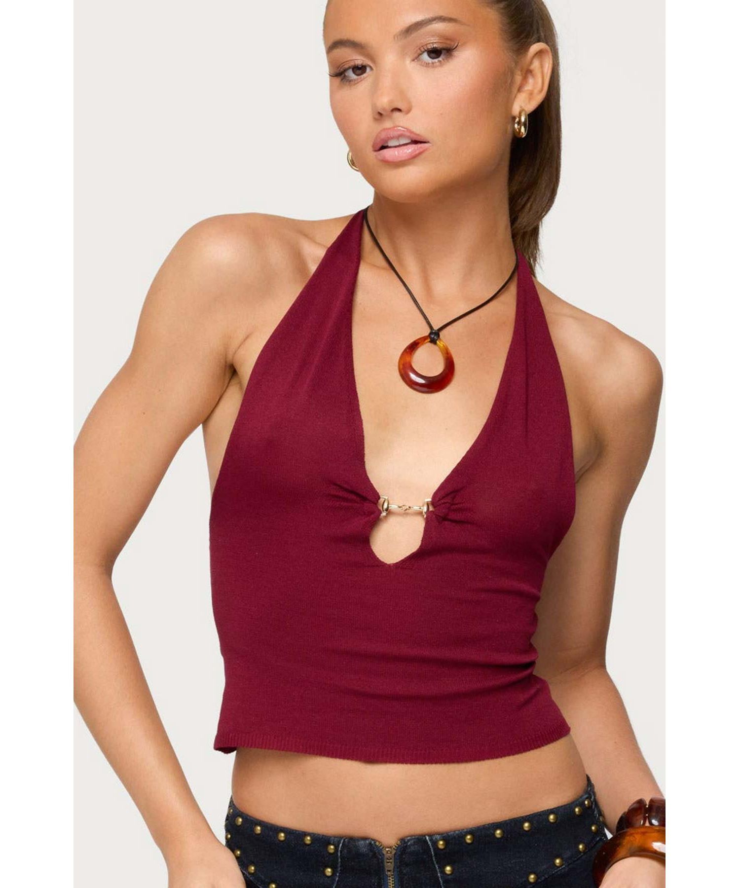Women's Missie Knitted Plunge Neck Halter Top