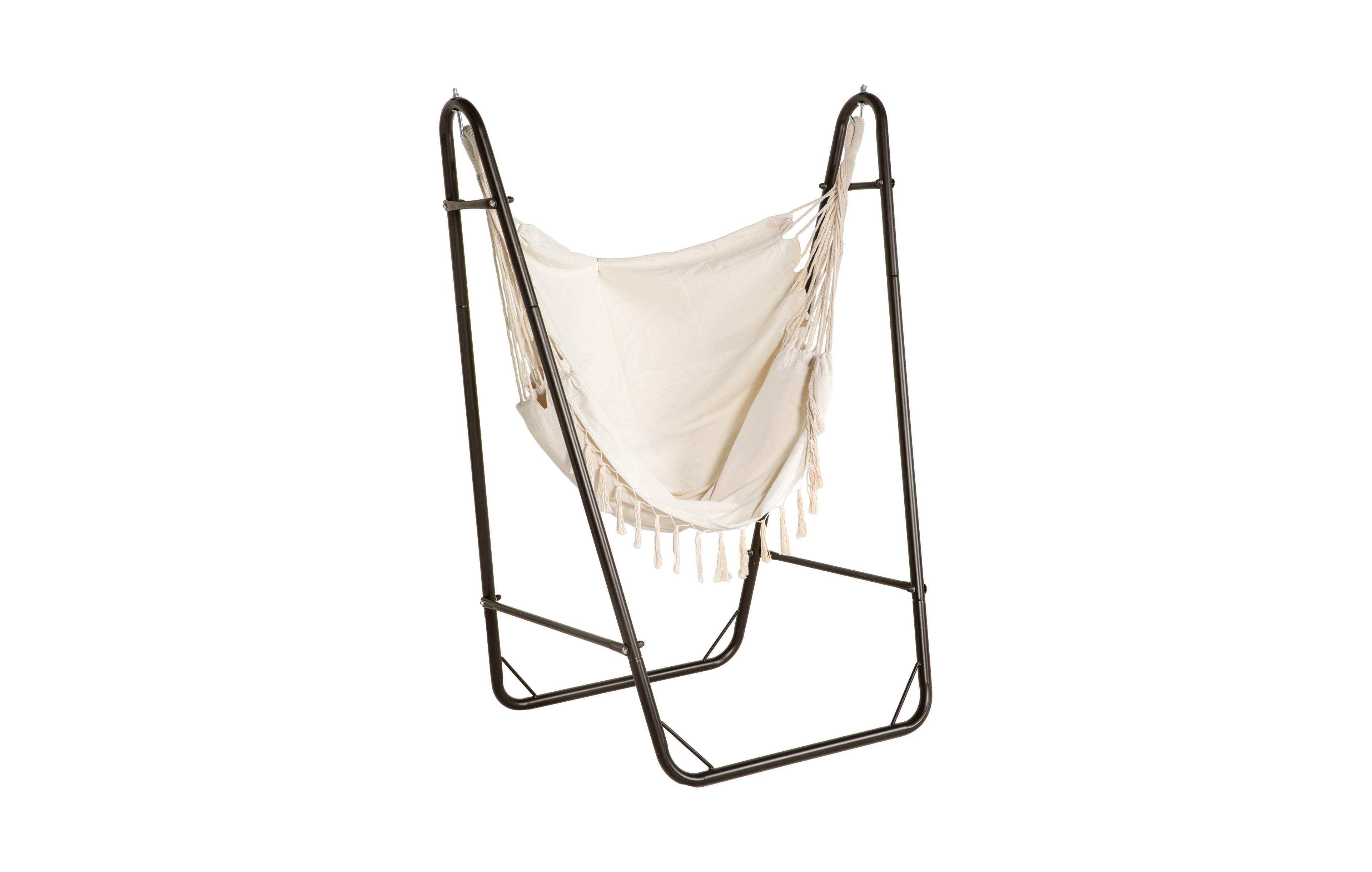 Patio Hammock Chair with U Shape Stand, Outdoor Hammock Swing Hanging Lounge Chair with Side Pocket, Brown/Cream White