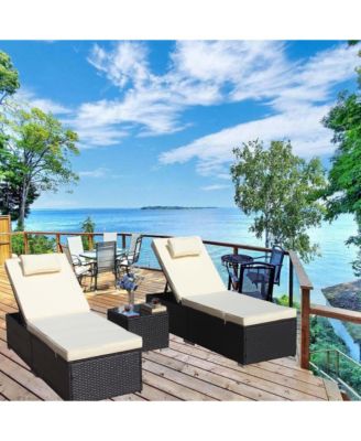 3-Piece Outdoor Patio Furniture Set Chaise Lounge, Patio Reclining Rattan Lounge Chair Chaise Couch Cushioned with Glass Coffee Table, Adjustable Back and Feet, Lounger Chair for Pool Garden, Beige