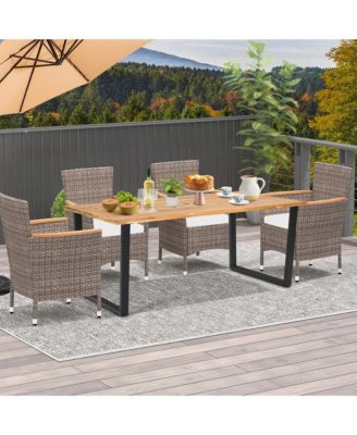 Patio Rectangle Dining Table Acacia Wood with 2'' Umbrella Hole Indoor and Outdoor Deck