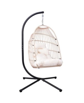 Outdoor Egg Hanging Chair with Stand, Patio Wicker Swing Egg Chair Indoor Swinging Chair Outdoor Hammock Egg Chair Off-white