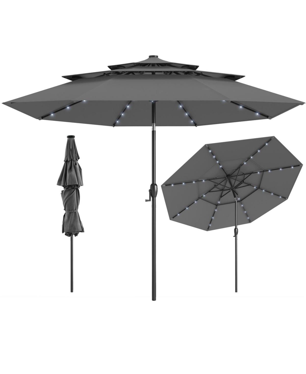 10 Ft Solar Patio Umbrella w/ 32 Led Lights 3-Tier Vented Top Tilt Adjustment - Beige/khaki