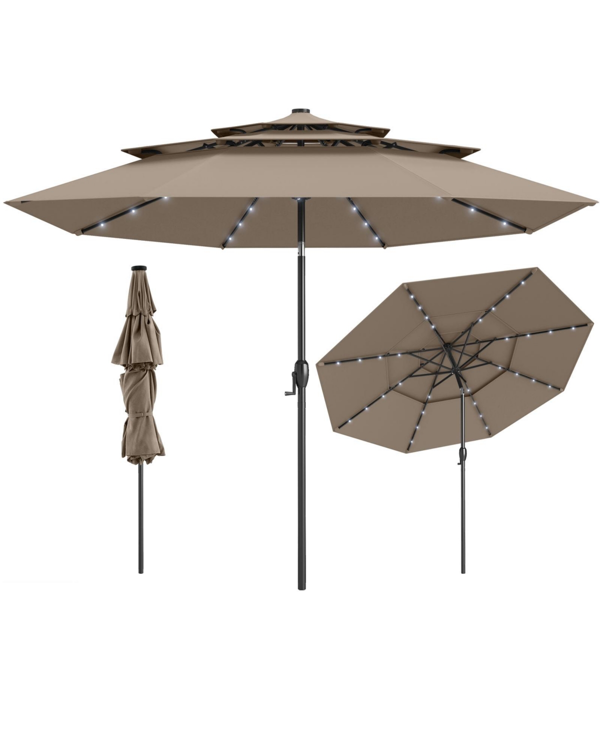 10 Ft Solar Patio Umbrella w/ 32 Led Lights 3-Tier Vented Top Tilt Adjustment - Beige/khaki