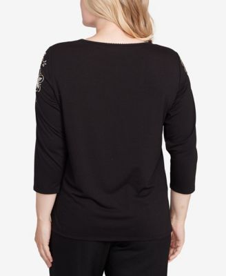 Women's Gold Floral Embroidered Three Quarter Sleeve Top