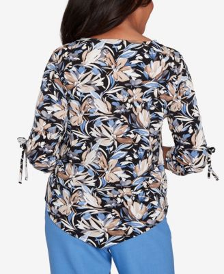 Women's Tie Sleeve Brushstroke Floral Knit Top