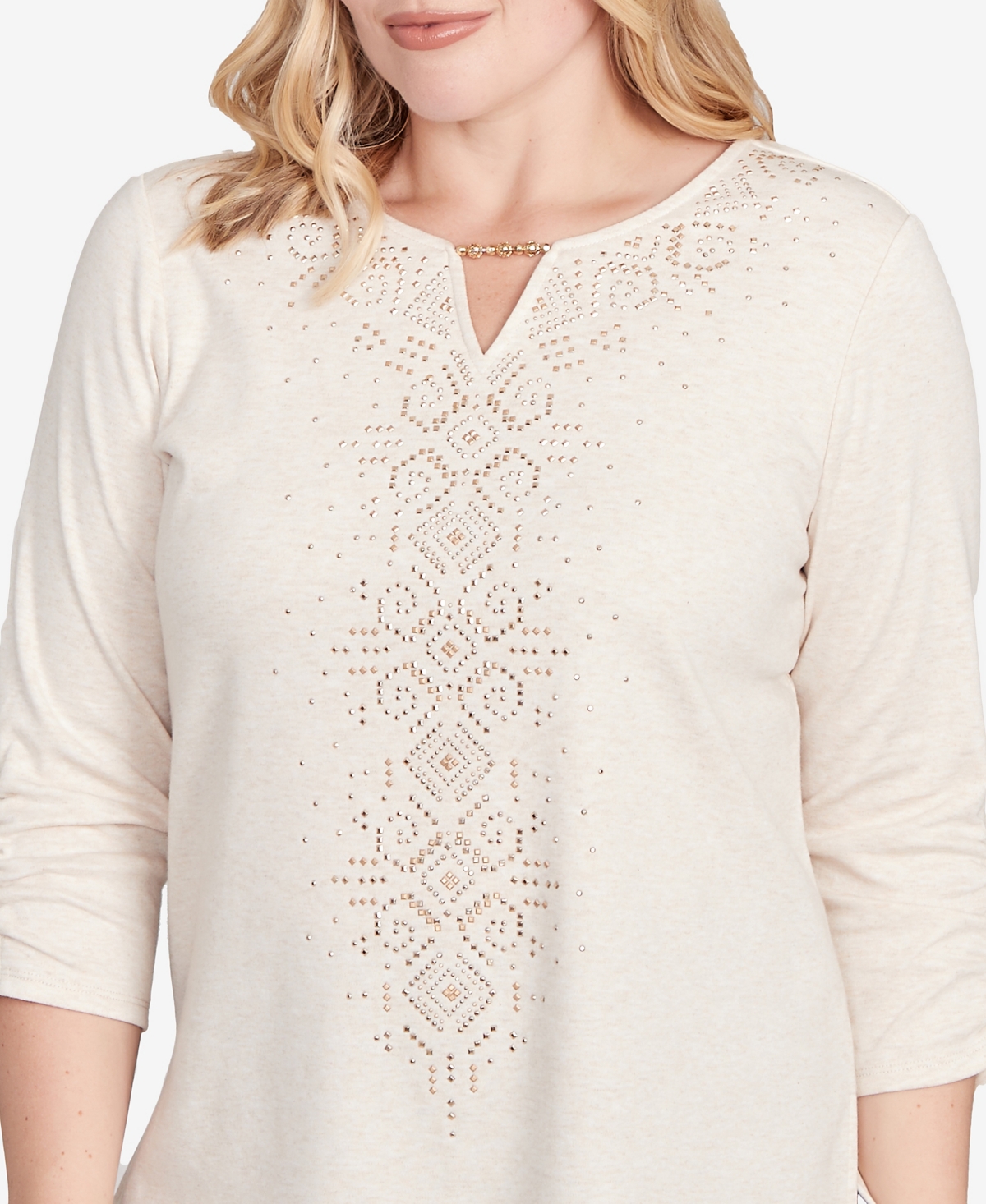 Alfred Dunner Women's Urban Legend Center Embellished V-neck Top In Neutral