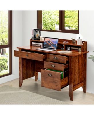 Vintage Computer Desk with Storage Shelves and 4 Drawers